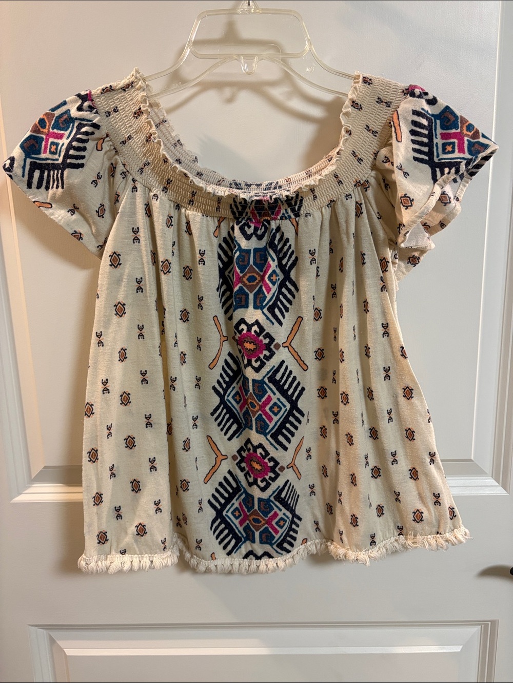 TAYLOR & SAGE Cream Off-Shoulder Top with Navy & Pink Accents